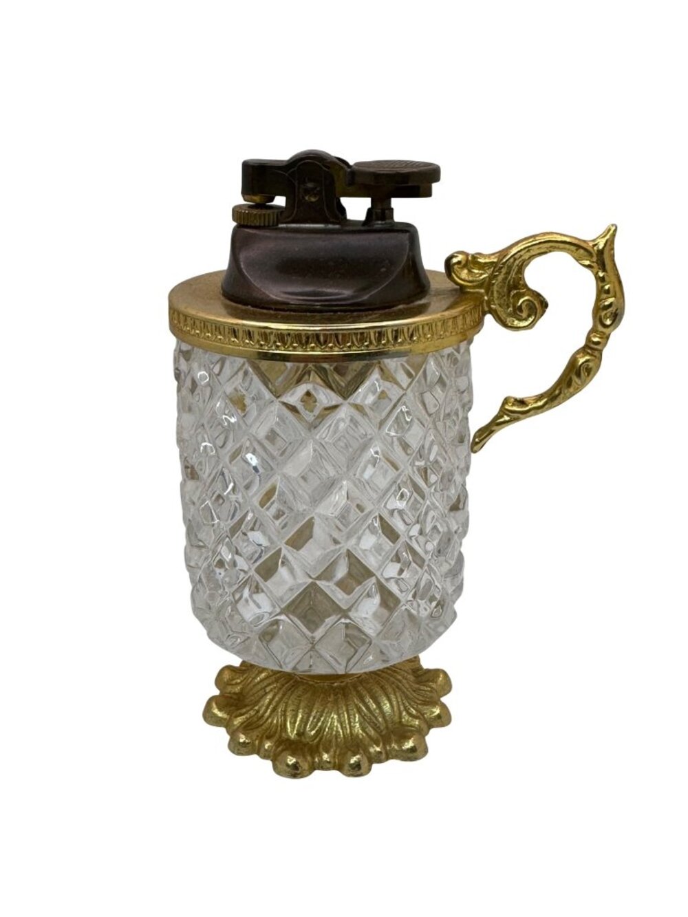 Vintage Cut Glass Brass Tabletop Lighter Teapot Ornate Handle Base 6.5" Large
